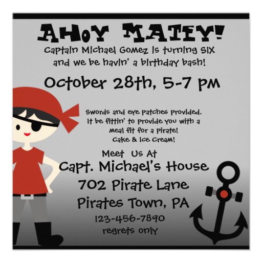 Black Haired  Boy Party Like a Pirate Invites