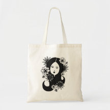 black haired lady with flowers & bees tote bag