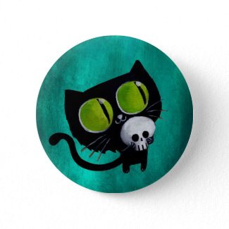 Black Halloween Cat with Skull button