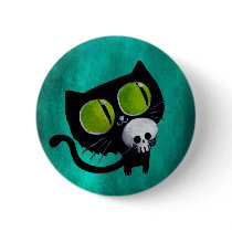 artsprojekt, halloween cat, cute halloween cat, cartoon halloween cat, halloween kitten, black cat, black kitten, cute black cat, spooky cat, cartoon black cat, friday 13, friday thirteen, cat, kitten, skull, cartoon skull, cat and skull, Button with custom graphic design