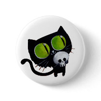 Black Halloween Cat with Skull Button