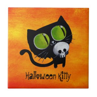 Black Halloween Cat with Skull Ceramic Tiles