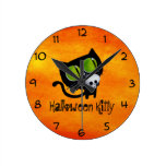 Black Halloween Cat with Skull Clock