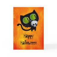 Black Halloween Cat with Skull card