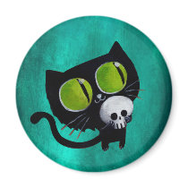Black Halloween Cat with Skull Fridge Magnet