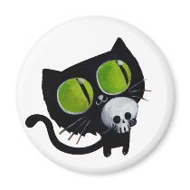 Black Halloween Cat with Skull Fridge Magnet