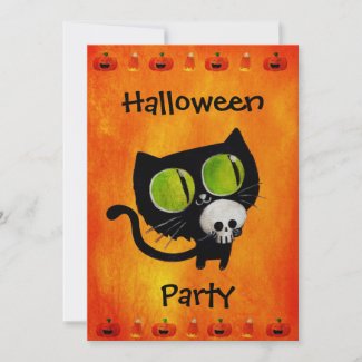 Black Halloween Cat with Skull Party Invitation invitation