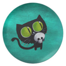 Black Halloween Cat with Skull Party Plate