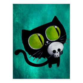 Black Halloween Cat with Skull Postcard