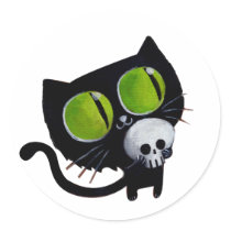 artsprojekt, halloween cat, cute halloween cat, cartoon halloween cat, halloween kitten, black cat, black kitten, cute black cat, spooky cat, cartoon black cat, friday 13, friday thirteen, cat, kitten, skull, cartoon skull, cat and skull, Sticker with custom graphic design