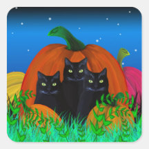Black Halloween Cats with Pumpkins Stickers