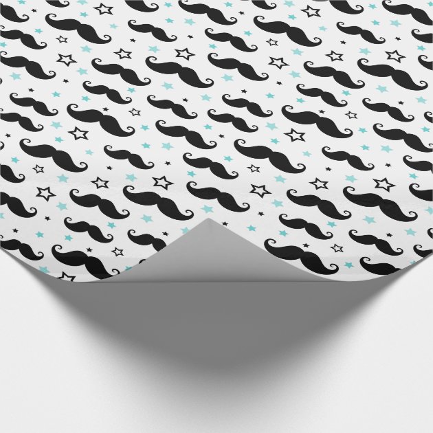 Black handlebar mustache and aqua stars little man wrapping paper-3