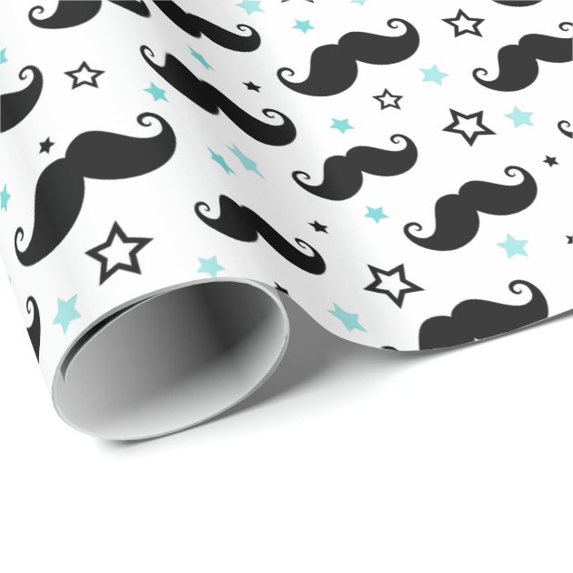 Black handlebar mustache and aqua stars little man wrapping paper 3/4