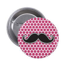 Black handlebar mustache fuchsia polka dot pattern pinback buttons