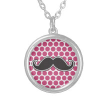Black handlebar mustache fuchsia polka dot pattern custom jewelry
