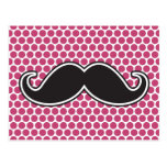 Black handlebar mustache fuchsia polka dot pattern post card