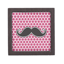 Black handlebar mustache fuchsia polka dot pattern premium trinket box