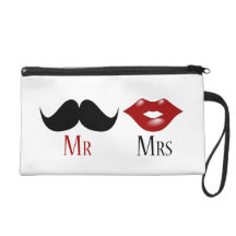 Black Handlebar Mustache Mr and Mrs Wristlet Purse