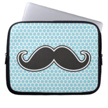 Black handlebar mustache on blue polka dot pattern laptop computer sleeves