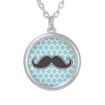 Black handlebar mustache on blue polka dot pattern personalized necklace