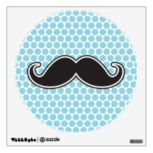 Black handlebar mustache on blue polka dot pattern wall sticker