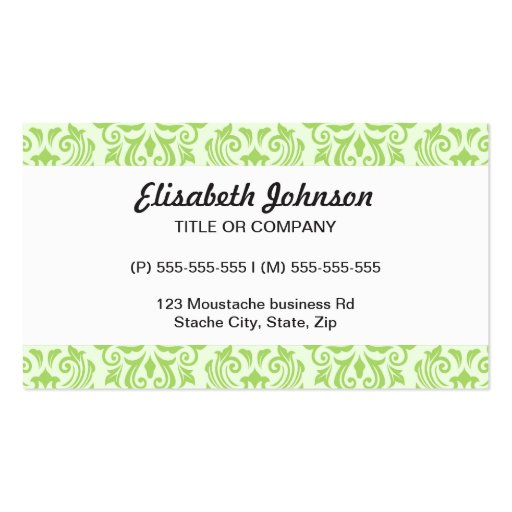 Black handlebar mustache on green damask pattern business card (back side)