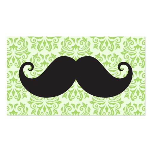 Black handlebar mustache on green damask pattern business card (front side)