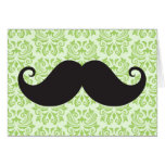 Black handlebar mustache on green damask pattern greeting cards