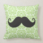 Black handlebar mustache on green damask pattern throw pillow