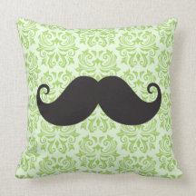 Black handlebar mustache on green damask pattern throw pillow