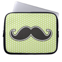 Black handlebar mustache on lime green polka dots computer sleeves