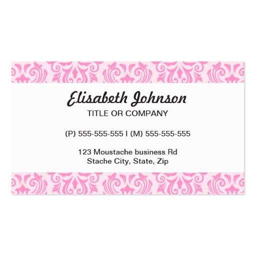 Black handlebar mustache on pink damask pattern business cards (back side)