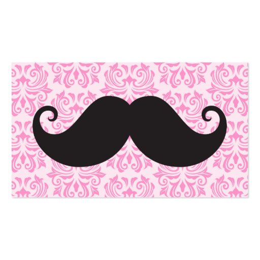 Black handlebar mustache on pink damask pattern business cards (front side)