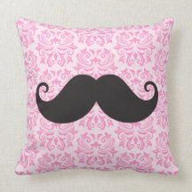 Black handlebar mustache on pink damask pattern throw pillow