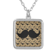 Black Handlebar Mustache on Pipe Pattern Personalized Necklace