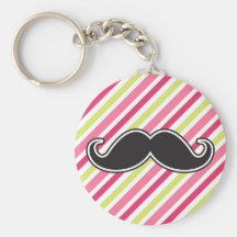 Black handlebar mustache pink lime green stripes keychain