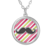 Black handlebar mustache pink lime green stripes necklace