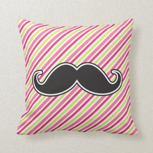 Black handlebar mustache pink lime green stripes throw pillows Zazzle