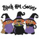 ladies_casual_tshirt - Halloween humor embroidered Witch design features three Witches standing near a bubbling cauldron with text saying Black Hat Society.