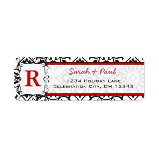 Black Heart Damask Red Font Return Address Label