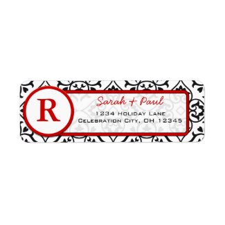 Black Heart Damask Red Font Return Address Label