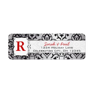Black Heart Damask Red Font Return Address Label