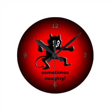 Black Horned Imp, Pointed Tail, sometimes naughty Round Wall Clocks