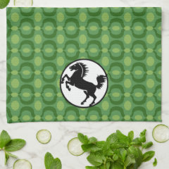 Black Horse Silhouette on Green Pattern Towel