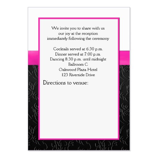 Black, Hot Pink and White Reception Card Business Card Template (back side)