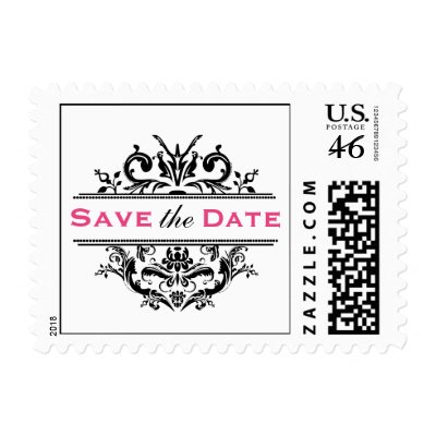 Black &amp; Hot Pink Crest Save the Date Postcard Post Stamp