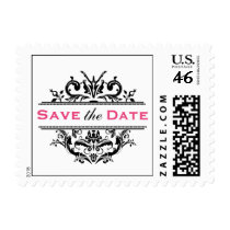 Black & Hot Pink Crest Save the Date Postcard Post Stamp