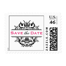 Black & Hot Pink Crest Save the Date Postcard Post Stamp