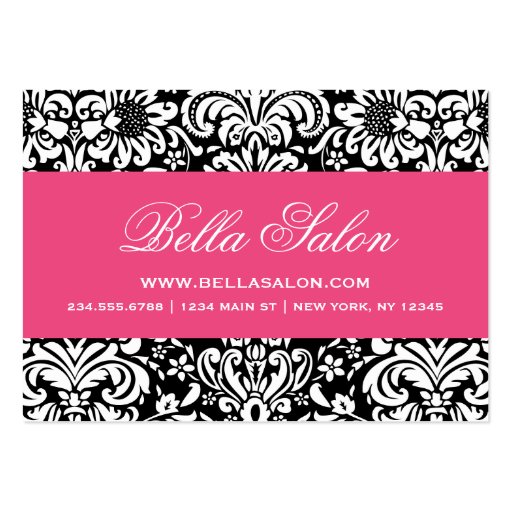 Black & Hot Pink Elegant Floral Damask Business Card Template (front side)