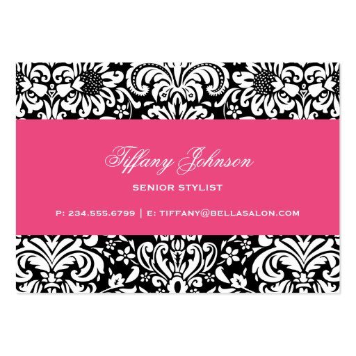 Black & Hot Pink Elegant Floral Damask Business Card Template (back side)